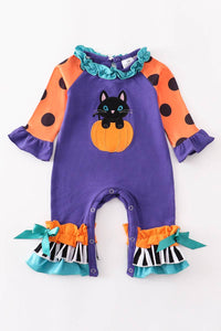 Kids Halloween Cat Applique Ruffle Romper