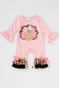 Kids Pink Leopard Turkey Applique Romper