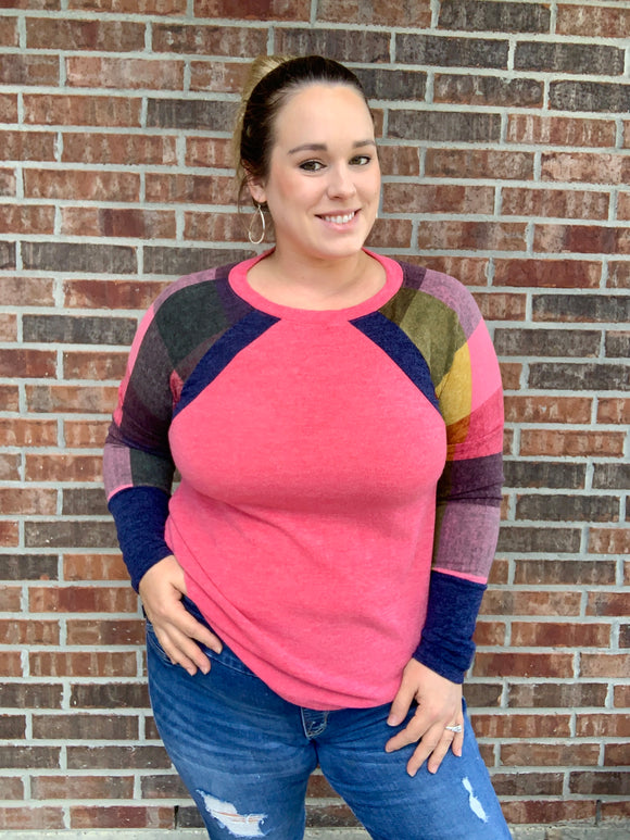 Pink Patchwork-Sleeved Top