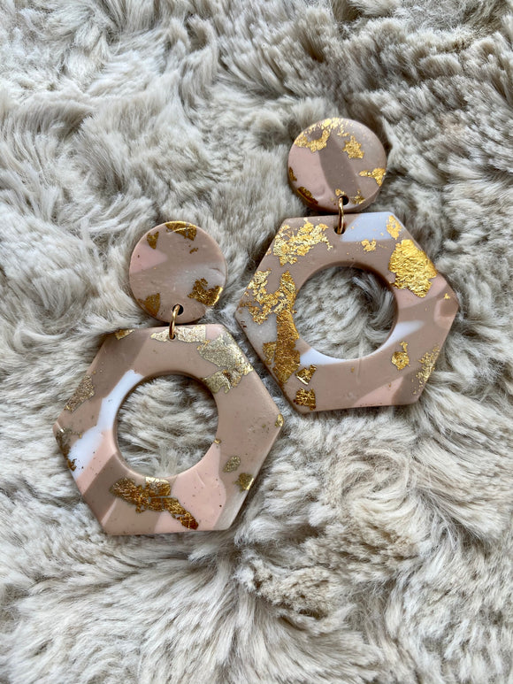 Gold, Pink and Brown Hexagon Rubber Earrings