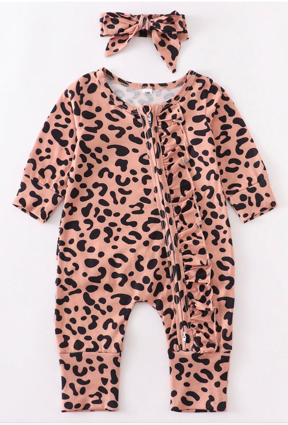 Kids Brown Leopard Cotton Baby Romper and Bow Set