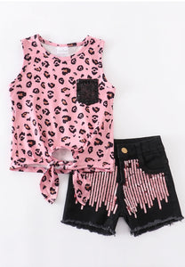 Kids Pink Leopard Denim Shorts Set