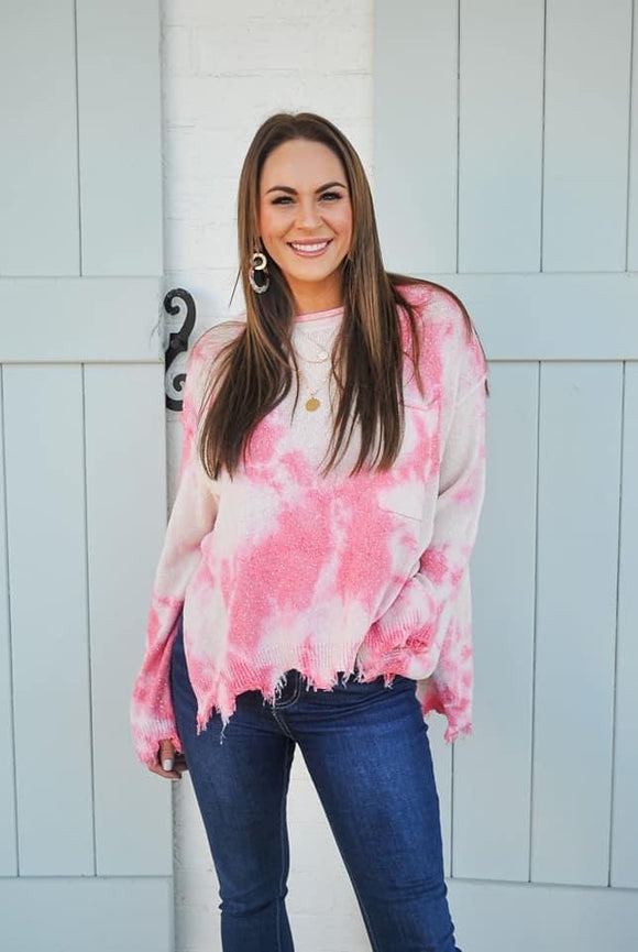 Pink & White Distressed Sweater no