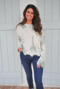Green & White Distressed Sweater