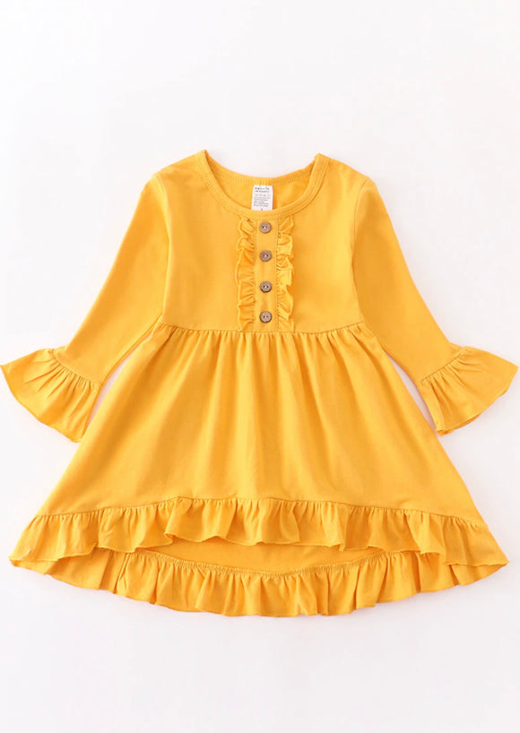 Kids mustard ruffle dress with buttons