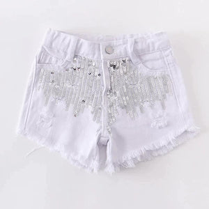 Kids White Denim Sequin Shorts