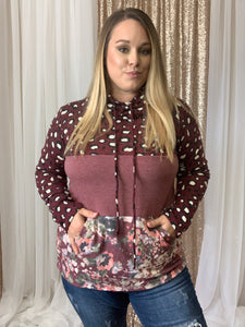 Maroon Leopard and Floral Cowl Neck Light Pullover