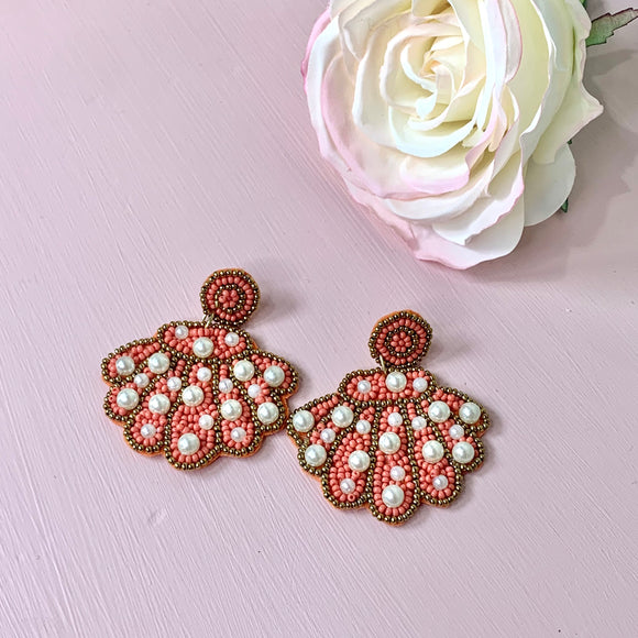 Coral Clam Shell Beaded Earrings