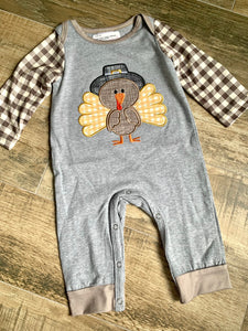 Kids Grey Turkey Applique Plaid Romper