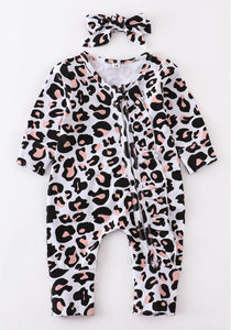 Kids White Leopard Cotton Baby Romper and Bow Set