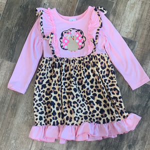 Kids Pink Leopard Turkey Applique Dress 5T